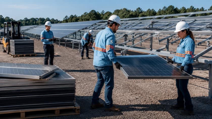 Equipe remove módulos fotovoltaicos das estruturas de uma usina e os empilha em paletes