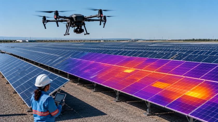 Drone sobrevoa usina solar com imagem térmica sobreposta aos módulos e técnica com tablet