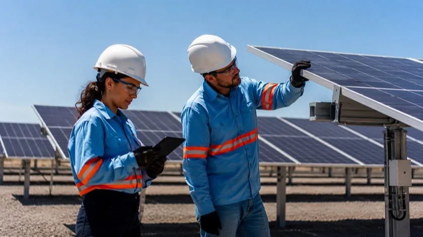 Dois técnicos de manutenção com capacete branco, óculos e uniforme azul com faixas refletivas inspecionam um módulo fotovoltaico de uma mesa com rastreador, um deles segurando um tablet