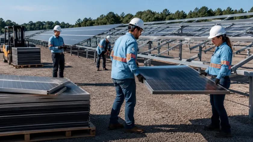 Técnicos de capacete e uniforme retiram módulos fotovoltaicos das estruturas de uma usina solar de solo e empilham os painéis sobre paletes ao lado de uma empilhadeira