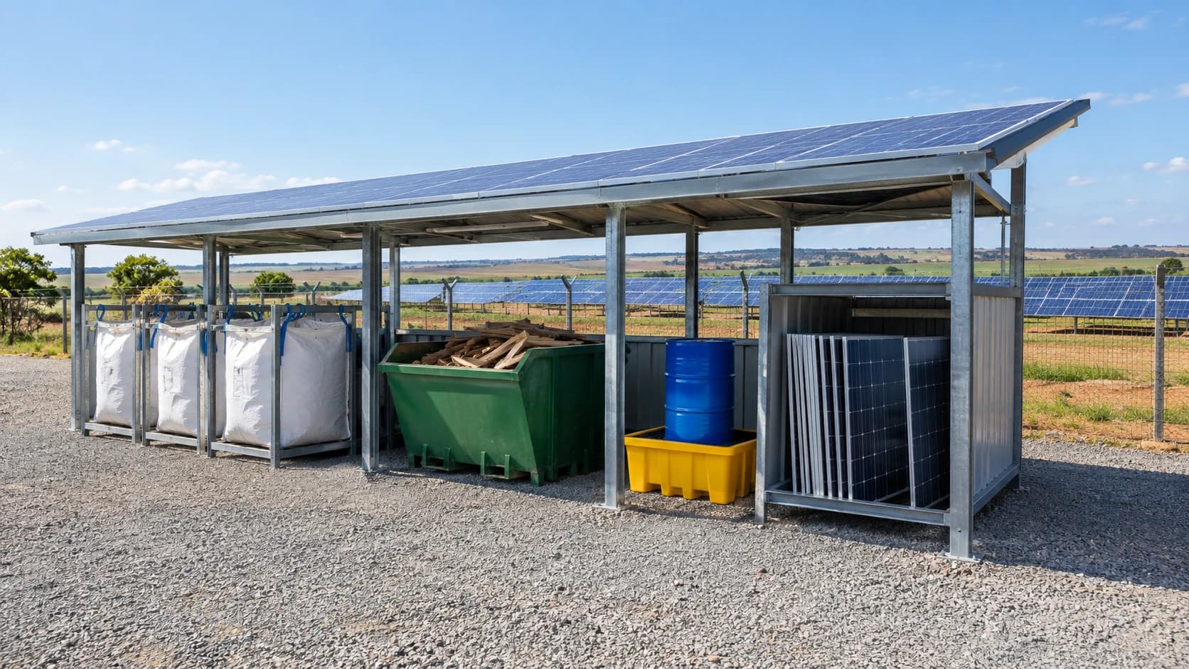 Vista frontal da SunR Station com três bags em armações metálicas, caçamba verde com madeira, tambor azul sobre bacia amarela e módulos encostados em cavaletes