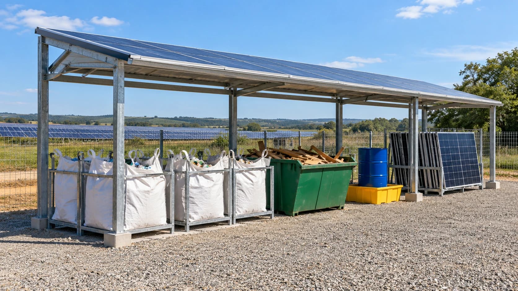 SunR Station montada em uma usina solar: abrigo de perfis galvanizados com cobertura de painéis, bags de resíduos, caçamba de madeira, tambor de óleo sobre bacia de contenção e baia de módulos